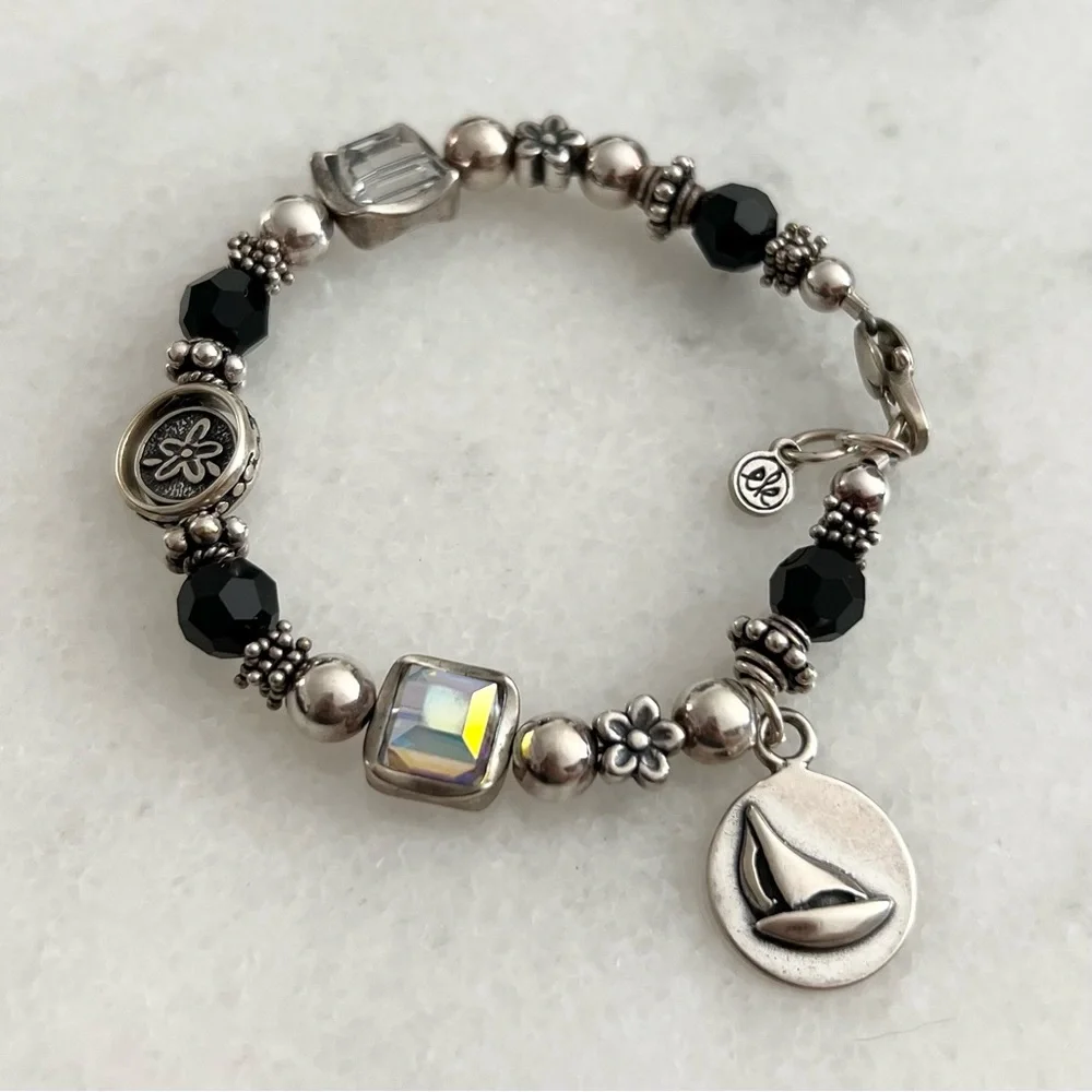Sterling Silver Beaded Sail Boat Charm Bracelet - Picture 1 of 9